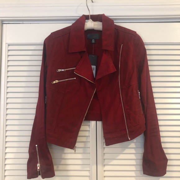 Guess Jackets & Blazers - Guess NWT red stretch denim Moto Jacket size med silver zippers
